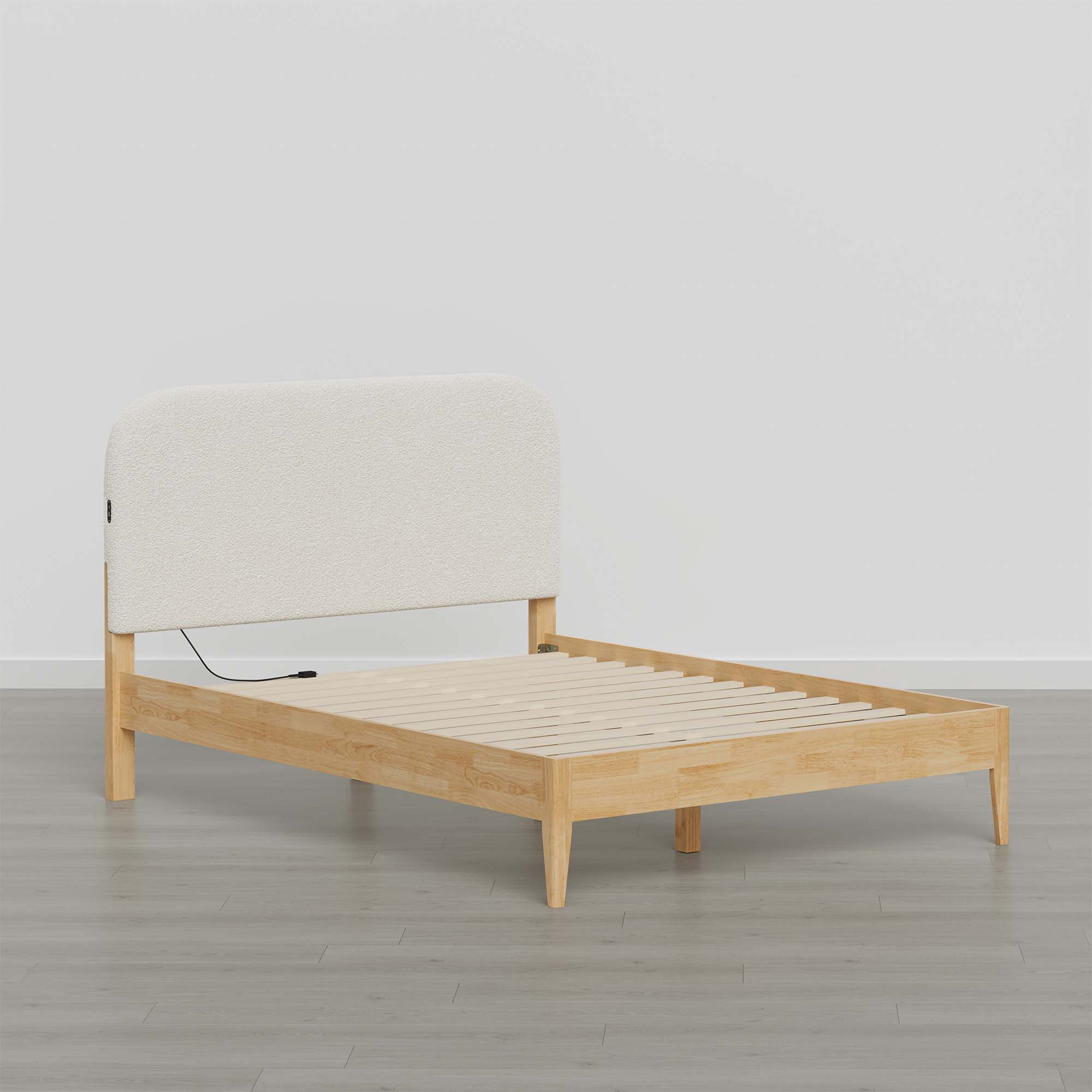 Spruce & Spring Modern Upholstered Bed Frame with Bouclé Headboard, USB & Type-C Charging Ports, Queen