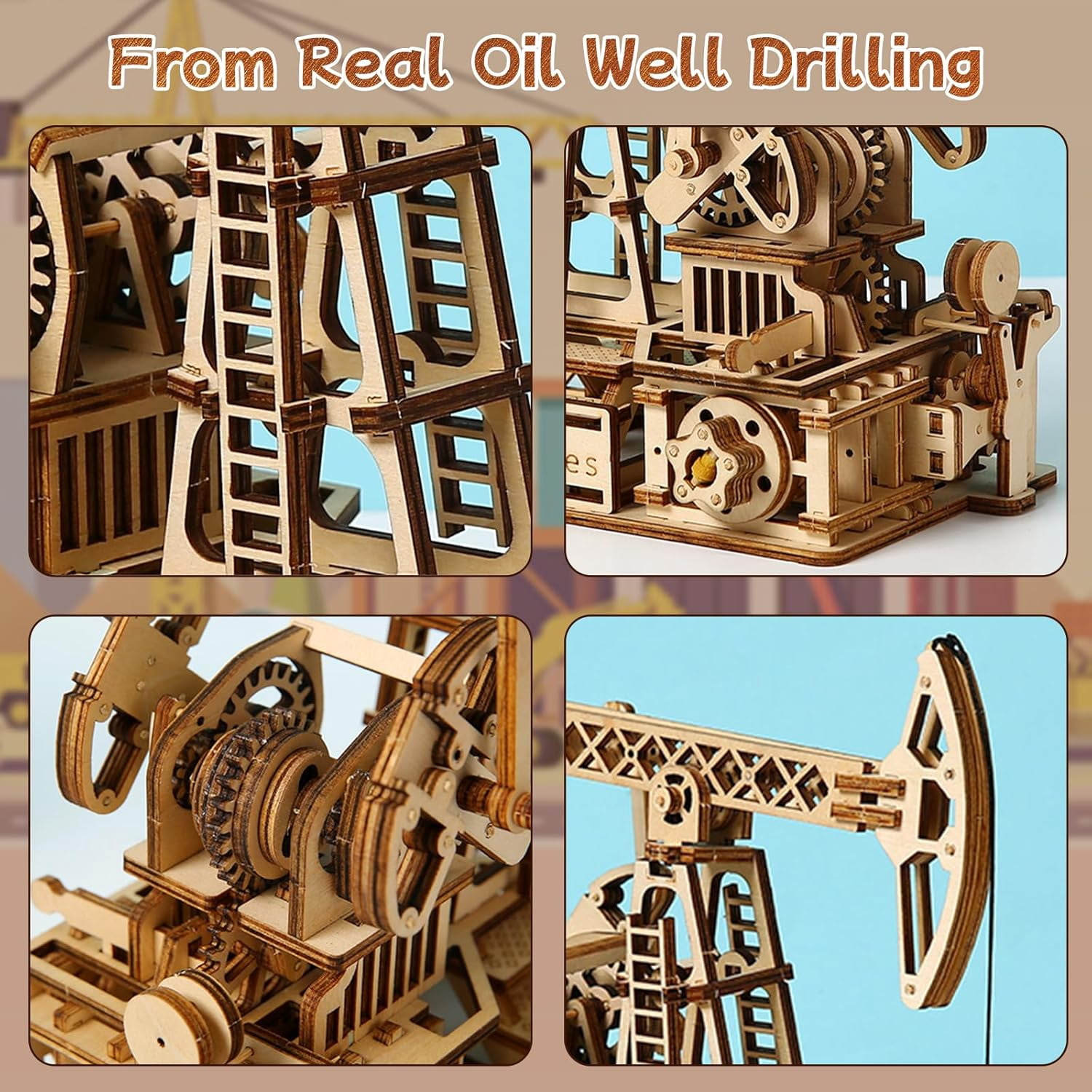 3D Wooden Puzzle for Adults, Mechanical Oil Well Drilling Rig Puzzle, DIY Vehicle Model Building Kit Handicraft Wood Craft Hobbies Toy, Birthday for Hobbyist 14+ Family Women Men, 186 Pcs