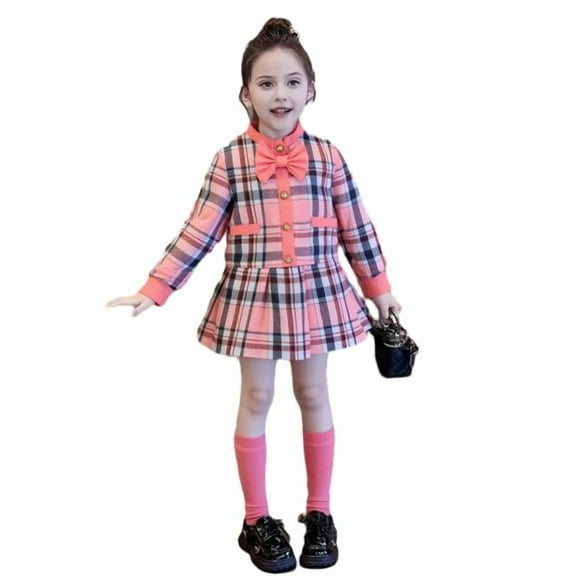 Mikrdoo 6Y Little Girls Elegant Outfits Girls Skirts Set Vintage Plaid Long Sleeve Buttons Bow Tops & Skirts 2Pcs Spring Autumn Clothing (2-7,Pink)