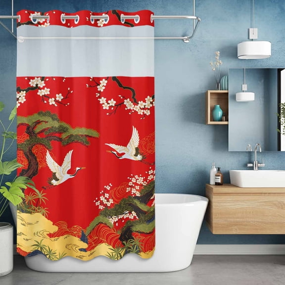 No Hook Shower Curtain with Snap in Liner, Retro Crane Pine Flower on Red Waterproof Fabric Bathroom Curtain Mesh Top Window, Asian Chinese Pastoral Scenic Shower Curtains 36x72in