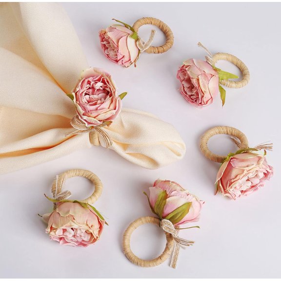 Handcraft Flower Napkin Rings Set of 6,Pink Rose Flower Handmade Napkin Holder Rings Table Decorations for Summer,Wedding,Luncheons,Picnics,Banquet, Birthday,Christmas,Valentine's