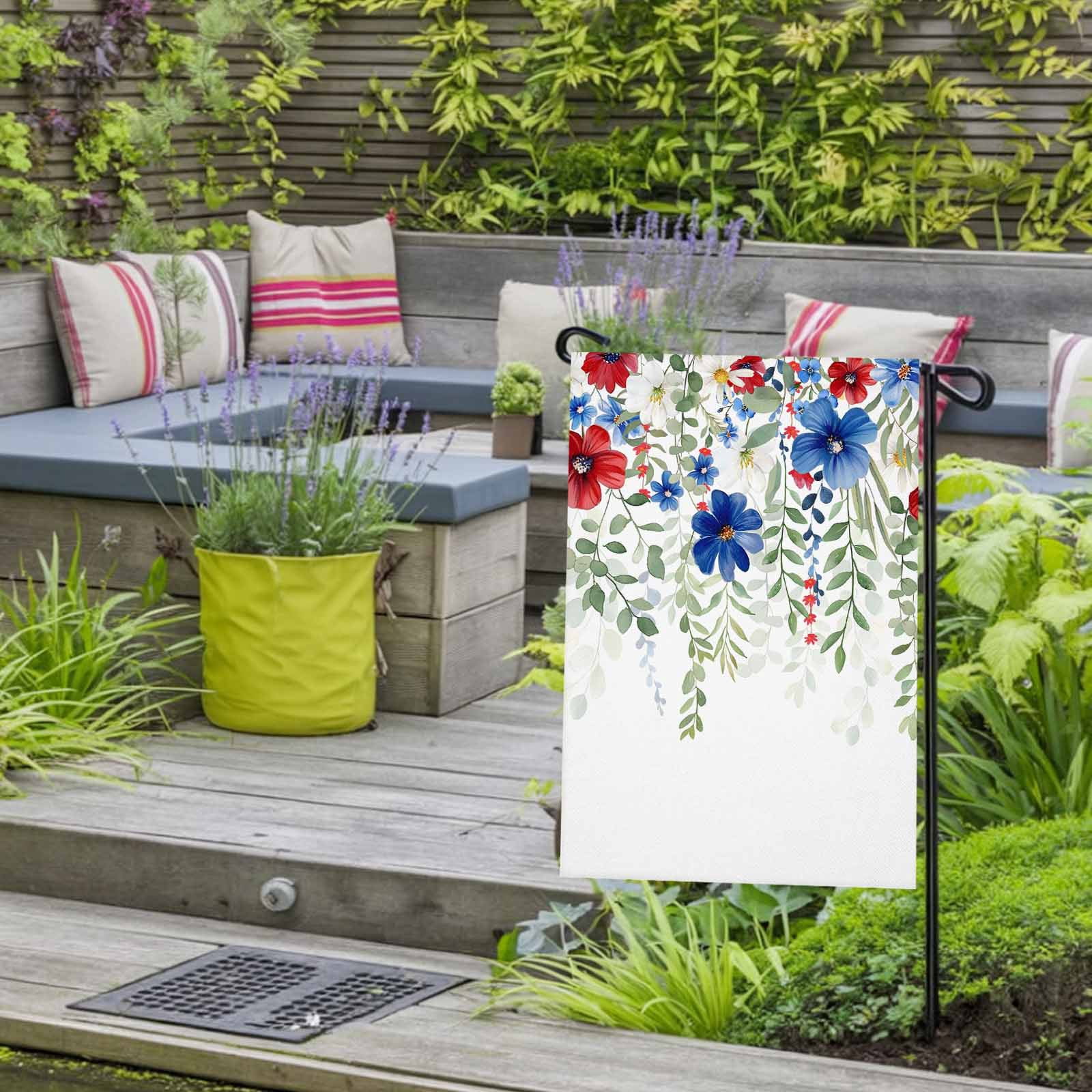 4th of July Garden Flags Red Blue Floral Garden Flag Double Sided Welcome Flag Eucalyptus Leaf Branch Independence Day Yard Flags for Outdoor Lawn Porch Memorial Day Holiday Decor 28x40 Inch