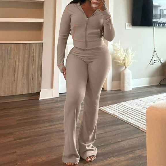 Women's Set Texture Striped Hooded Tops And Flare Pants Suits 2024 Fall Casual Street 2 Piece Sets Two Piece Pants Set Women Wedding Pant Suits Petite Size Women Dress Suits Set Petite Pant Suits for