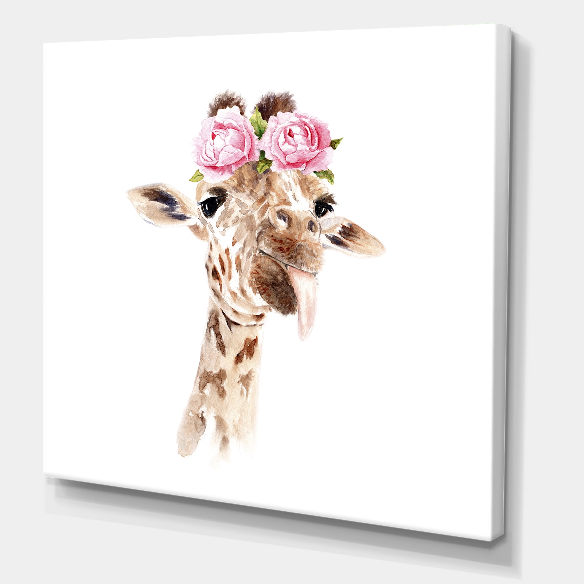 Designart ' Portrait of A Giraffe With Pink Flowers ' Farmhouse Canvas Wall Art Print