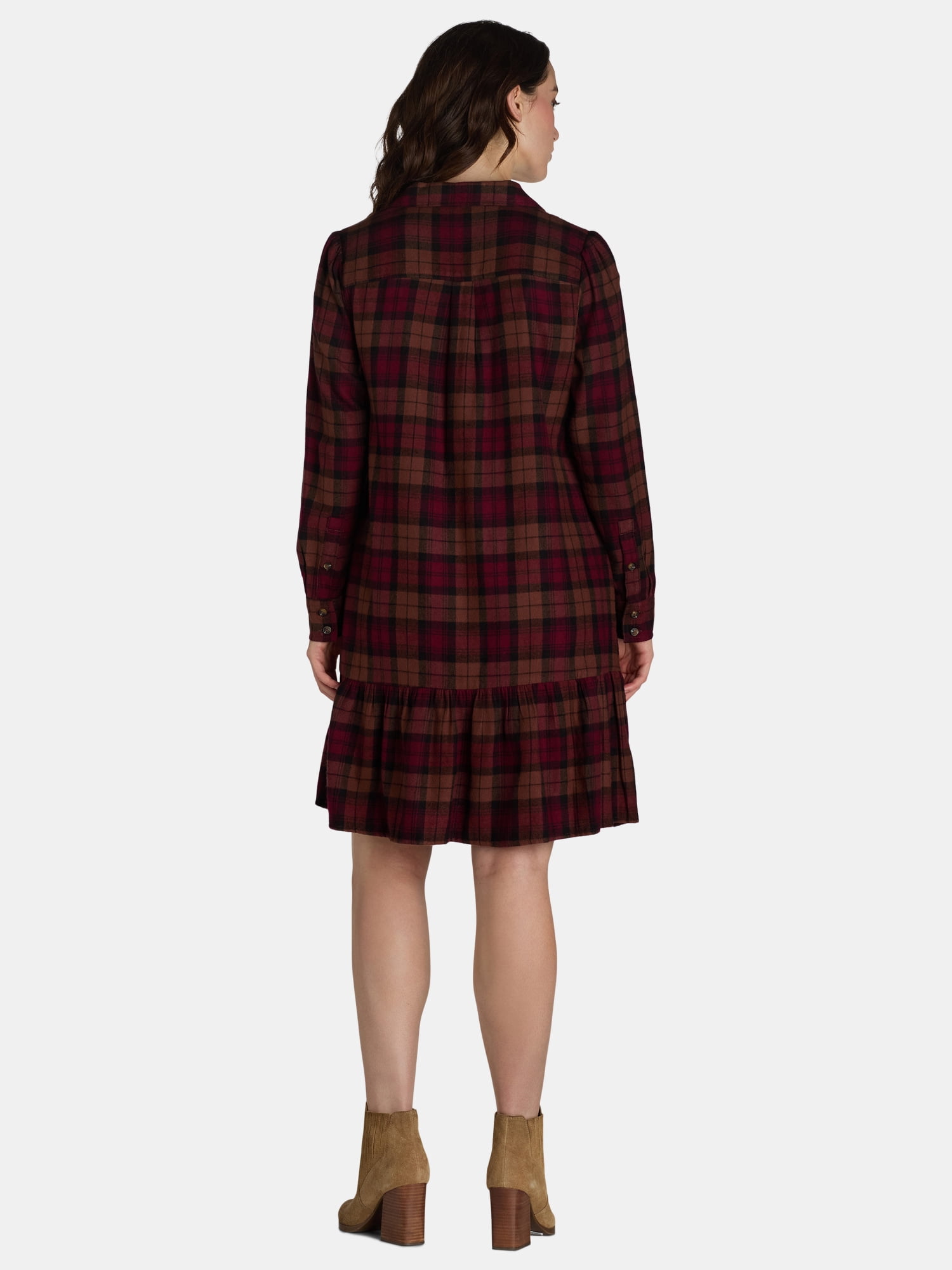 Time and Tru Women's Plaid Mini Dress with Long-Sleeves, Sizes XS-XXXL