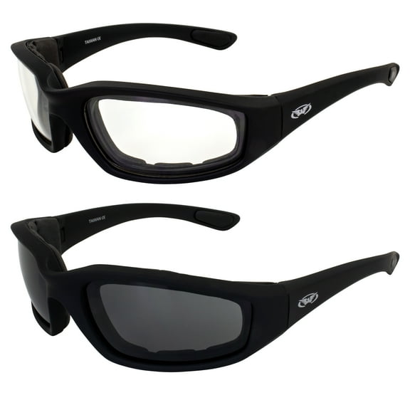 Two (2) Pairs Kickback Padded Motorcycle Sunglasses Black Frame Clear Lens Smoke Lens