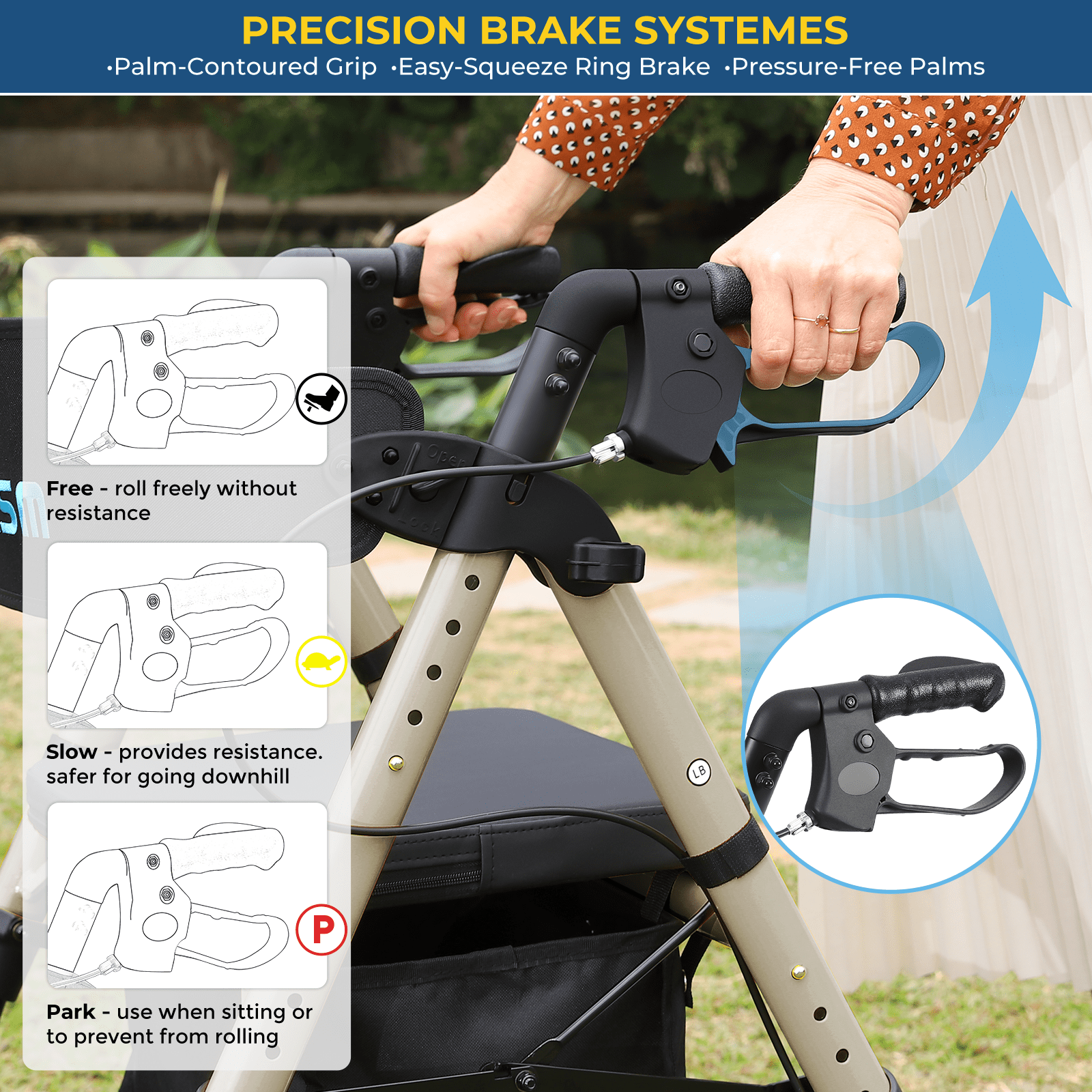 Foldable Rollator Walker with Seat for Seniors - Lightweight Rolling Walkers with Brakes, 300 lb Capacity, 8" All-Terrain Wheels, Adjustable Handles and Seat Height & Removable Storage Bag, Champagne