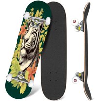 31'' Complete Skateboard 7 Layer Canadian Maple Double Kick Deck Skateboards Green Tiger Tropical Leaves Colourful Skate Board for Beginner Adult Gifts