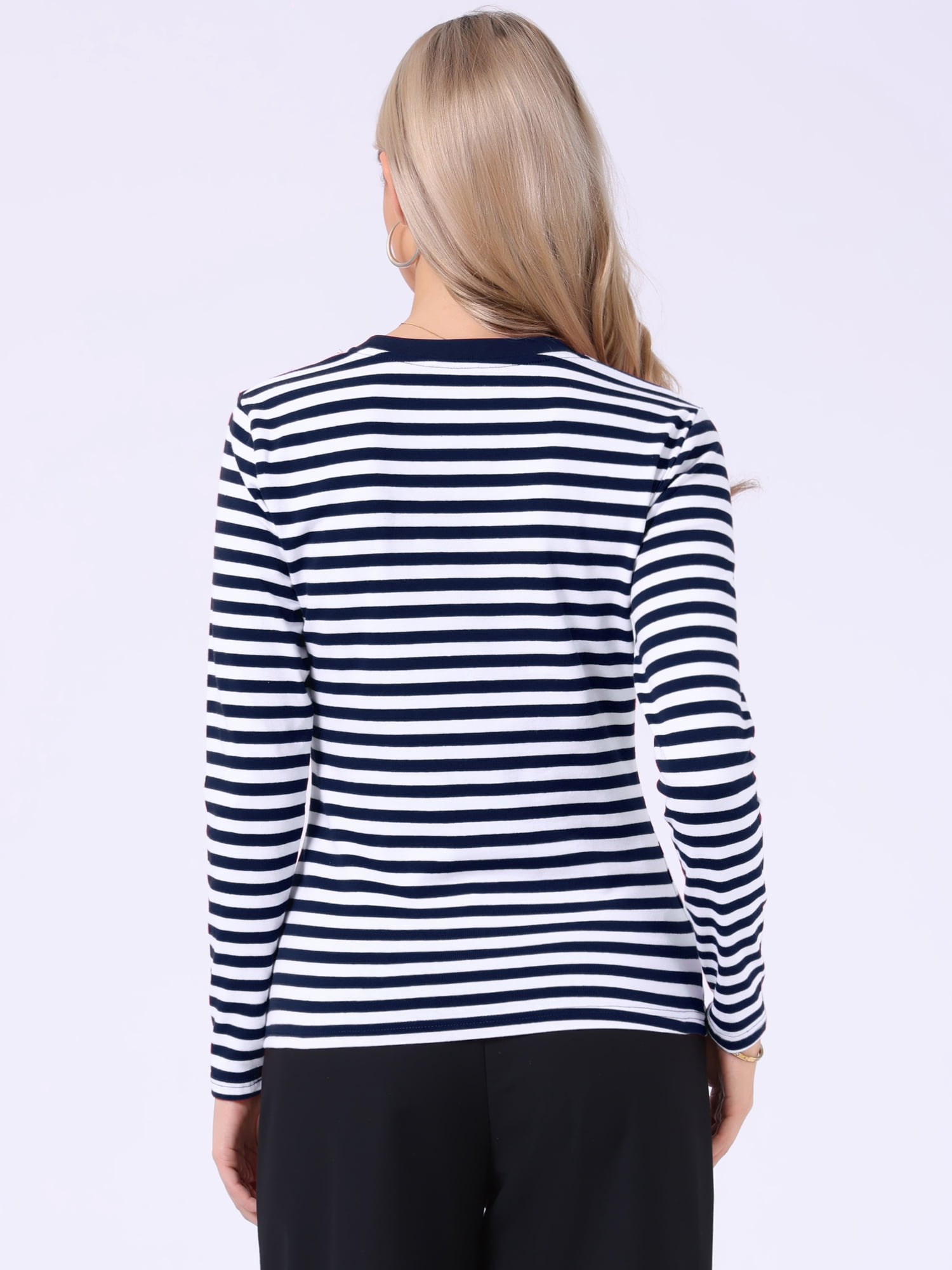 DARING DIVA Women's Striped Long Sleeve Cotton Crew Neck Tees XL Navy Blue Stripe