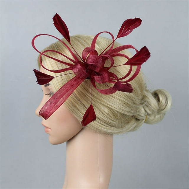 Jusqu'à 10 $ Bandeau Rouge Fascinators Chapeau Fleur Maille Rubans Plumes sur un Bandeau Fête du Thé Couvre-Chef