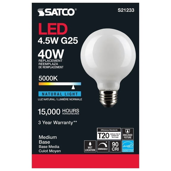 Satco S21233 G25 Globe LED Filament Light Bulbs 4.5W 120V 5000K White Finish 90CRI E26 Medium Base Dimmable (6 Pack)