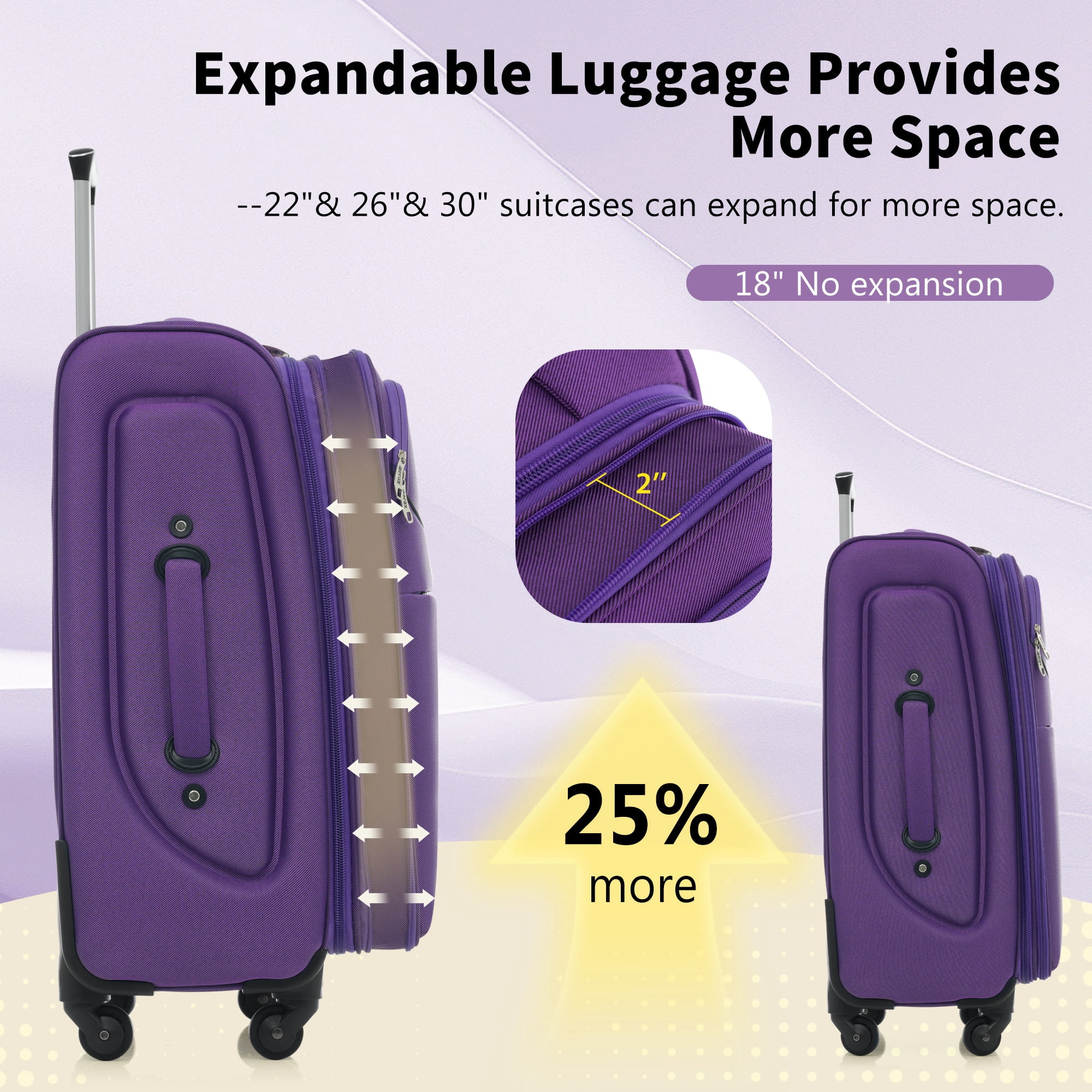 Euroco 4 Piece Softside Luggage Set, Expandable Suitcase Set with TSA Lock and Spinner Wheels, Lightweight Durable Suitcase for Men Women Travel(18"/22"/26"/30") ,Purple