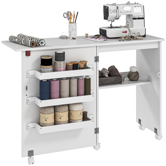 HOMCOM Folding Sewing Table Mobile Sewing Machine Cabinet with Shelf White