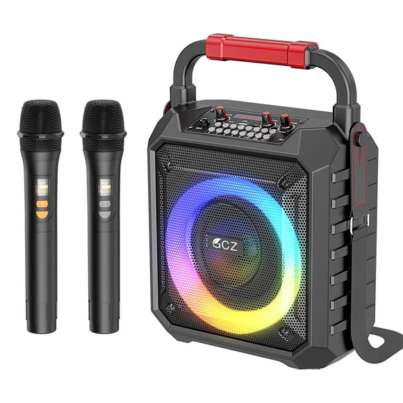 Máquina de karaoke con 2 micrófonos inalámbricos, sistema de altavoces portátil para el hogar de 30 W para adultos con luces de discoteca y correa