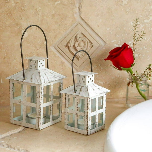 Kate Aspen Mini Decorative Candle Lanterns, Set of 2, Vintage Distressed Metal Lantern Candle