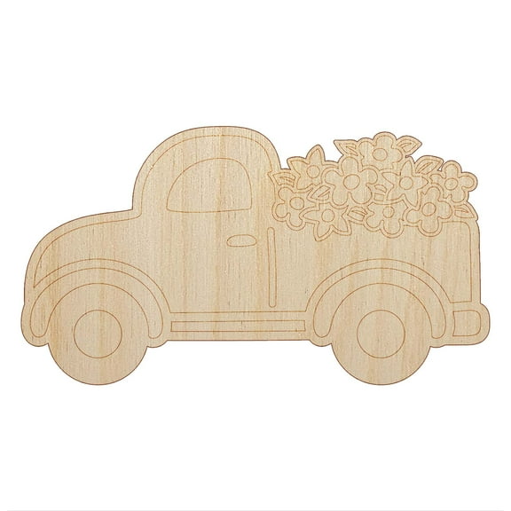 Cute Truck with Flowers Wood Shape Unfinished Piece Cutout Craft DIY Projects - 4.70 Inch Size - 1/8 Inch Thick
