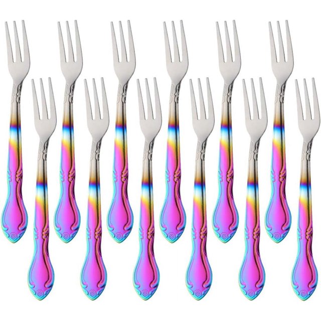 12-Piece Oyster Fork Set, Stainless Steel Cake Forks Service for 12 Silverware Flatware Utensils-5.9 Inches, Gradient Rainbow