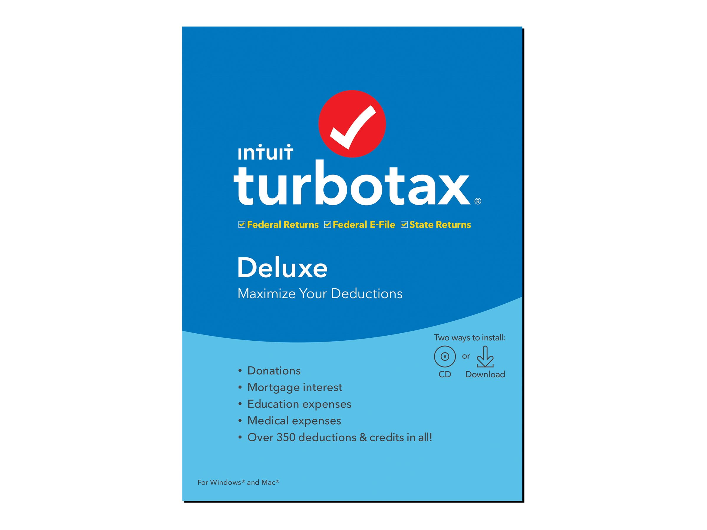 TurboTax Deluxe 2019 Box pack 1 user CD, download Win, Mac