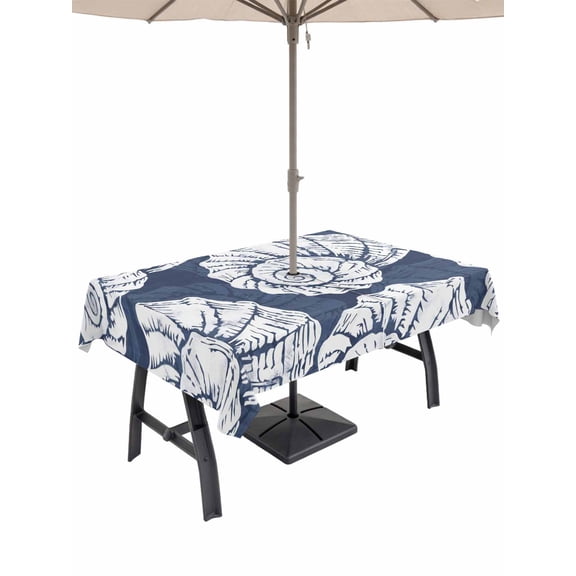 Outdoor Tablecloth with Umbrella Hole for Patio/Picnic/Party/Camping, Navy Blue Conch Coastal Waterproof Table Cloth Rectangle Table Cover Washable, Nautical Summer Ocean (54"x 80")