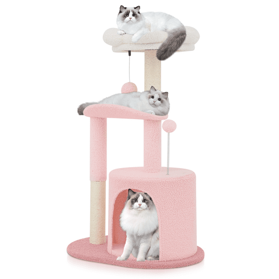 MoNiBloom Cat Tree Pink Condo with White Scratching Posts, Curced Platform, white flower Top Perch and Cat Cave, 33 inch