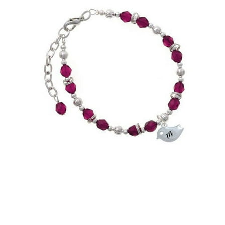 Silvertone Little Bird Initial - M - Magenta Pink Beaded Bracelet