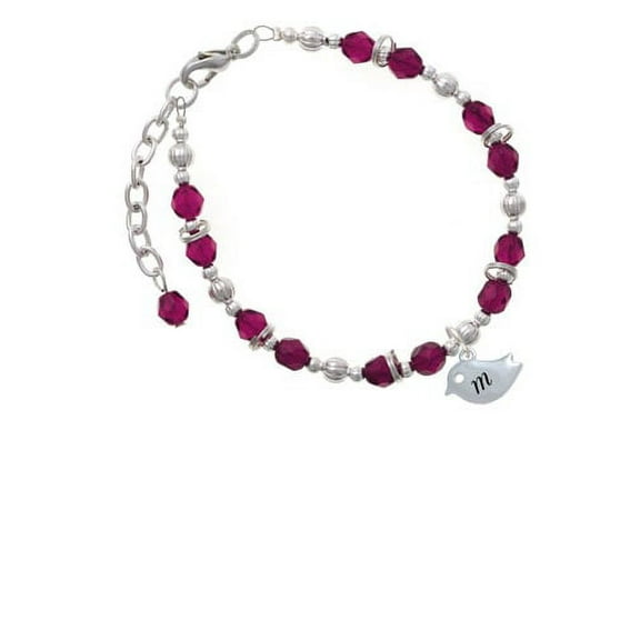 Silvertone Little Bird Initial - M - Magenta Pink Beaded Bracelet