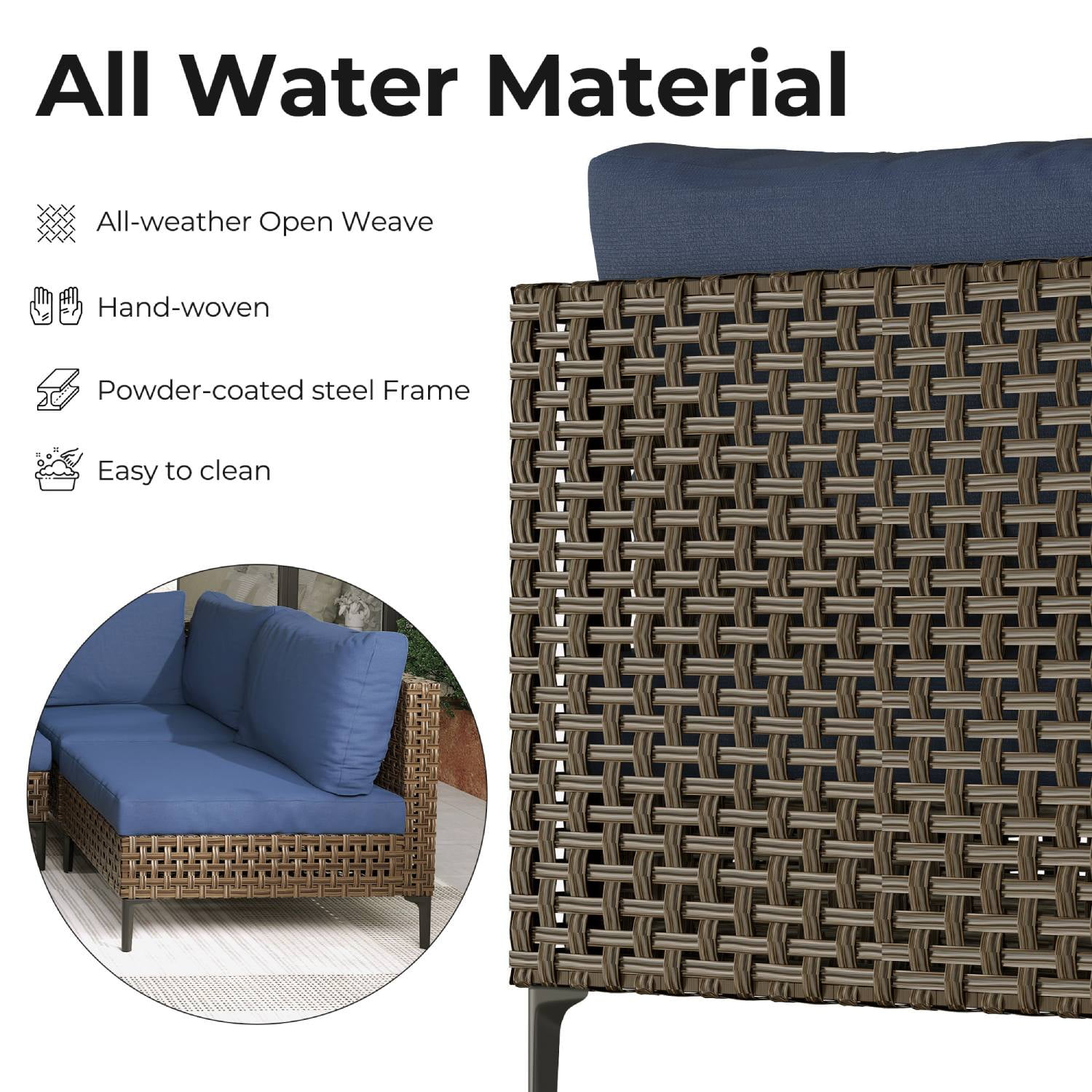 Grand Patio 5-Piece Wicker Patio Furniture Set, Retro Outdoor Conversation Set Sectional Sofa with Water Resistant Blue Thick Cushions and Coffee Table, Brown