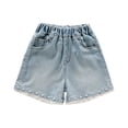 thumbnail image 4 of LangJing Girl's Jean Shorts Summer Trendy Denim Jorts with Pearl Detail Lace Trim Cute Shorts High Waist Straight Leg Jeans 5-15Y Light Blue,7-8Years, 4 of 6