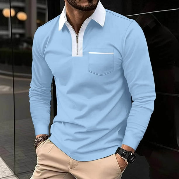 pstuiky manga larga para hombre, Camisa de golf de moda para hombre, de manga larga, con bolsillo y cuello abatible, de color liso salir tops m