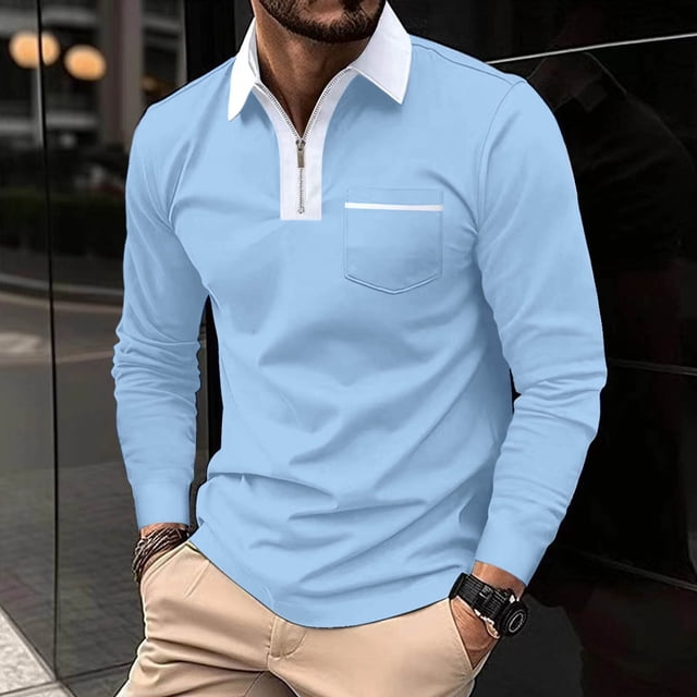 Shirts for Men, Men Solid Color Pocket Long Sleeves Flip Collar Fashion Golf Shirt Tops