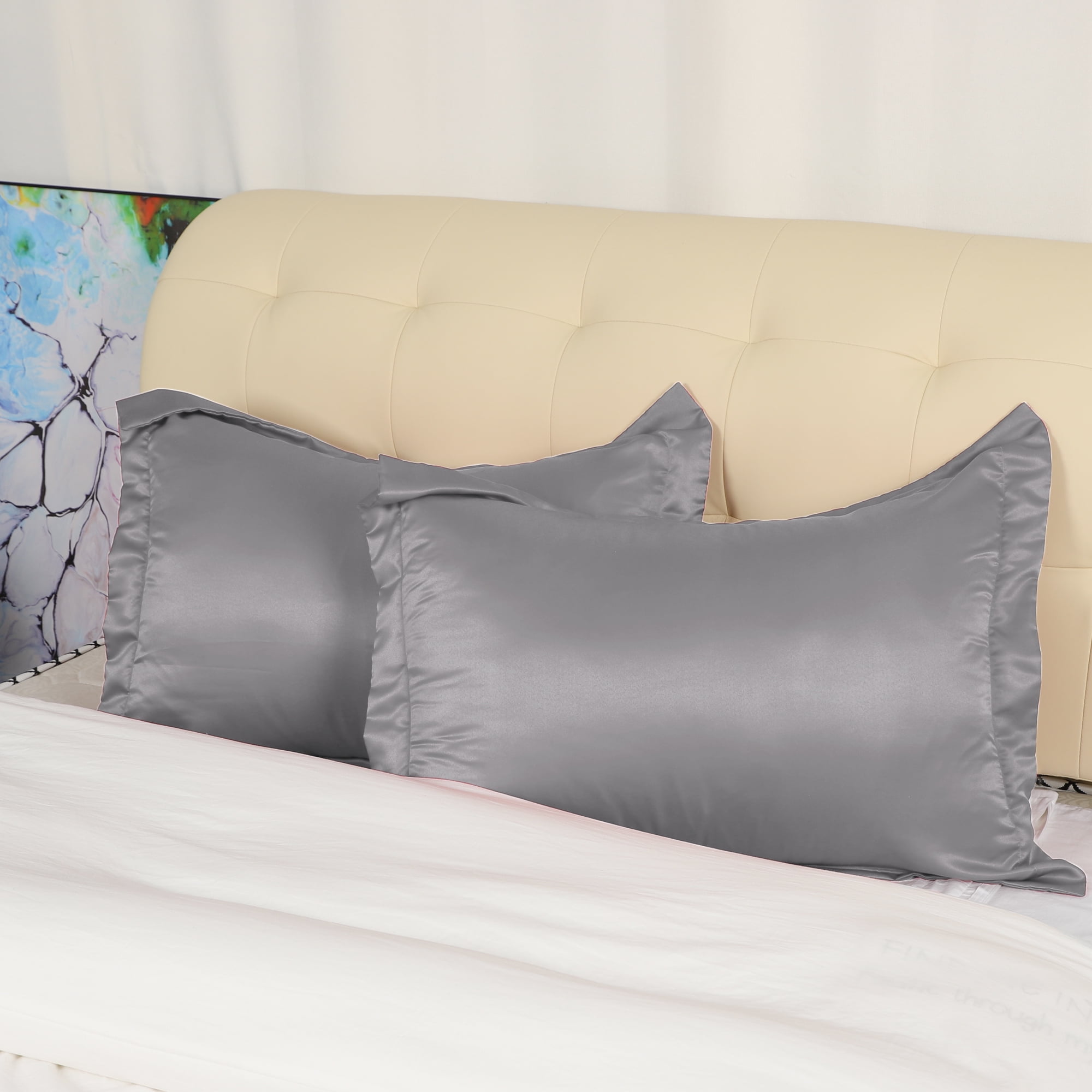 Set of 2 Satin Silk Pillowcases with Envelope Closure Grey Queen