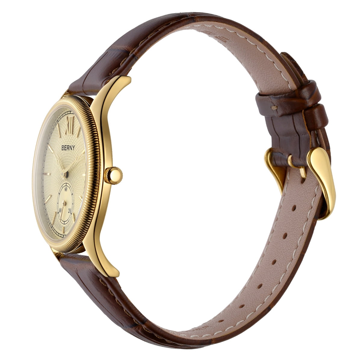 BERNY Watches for Men, Ultra-Thin Minimalist Leather Watch, Stainless Steel Case, Waterproof Analog Quartz Watch, Business Dress Watches with Small Seconds (Gold)