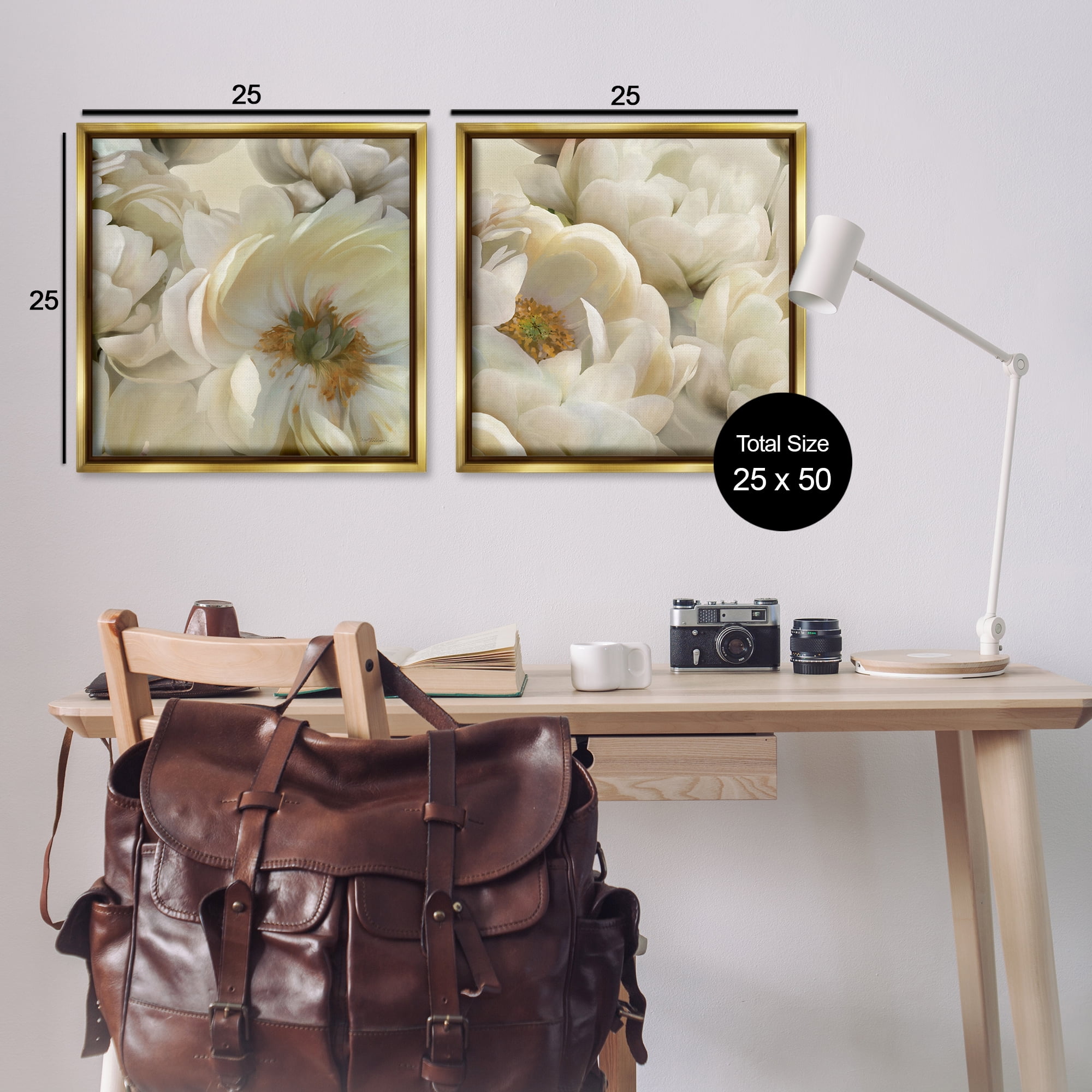 Stupell Industries White Peonies Serenity Floral & Botanical Painting Gold Floater Framed Canvas Art Print Wall Art, 25 x 25, Set of 2