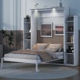 thumbnail image 2 of Full Size Murphy Bed Cabinet with LED Lighting & 5-Tier Shelves, Foldable Wall Bed for Home Office Guest Room, White, 2 of 9