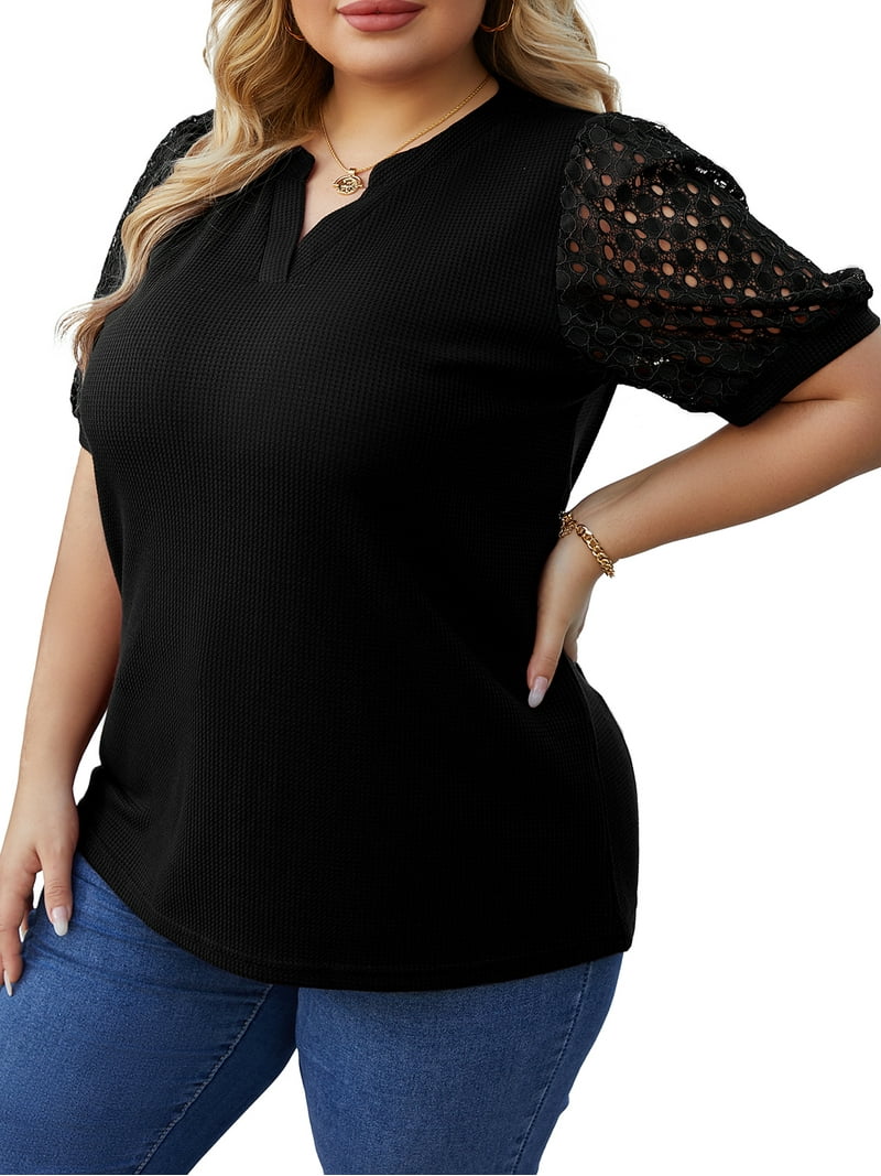 Cueply Elegant Plus Size Women's Summer Tops, Short Sleeve Waffle