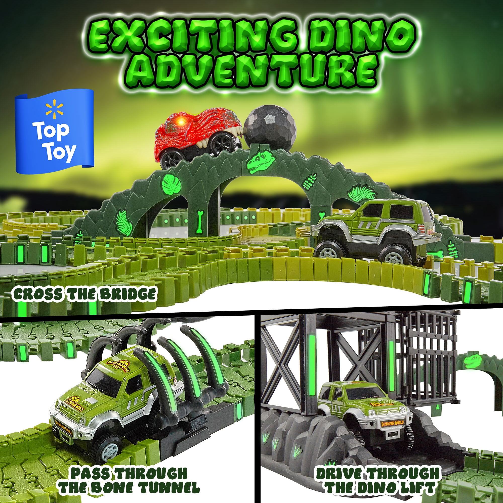 USA Toyz Dinosaur Dash 225 Piece Spring Travel Race Track STEM Toy for Kids Ages 3+