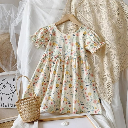 

Bullpiano Baby Dress Short Sleeve Casual Dress Cotton A-Line Swing Summer Dress 2-6Y Summer New