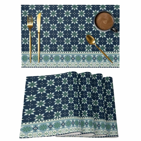 Placemats Set of 8, Dark Blue Flowers Woven Placemat, Linen Place Mats for Kitchen/Dining Tables, Vintage Rustic Abstract Floral Aesthetic Washable Table Mats for Party