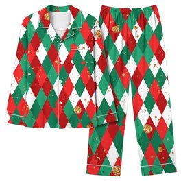 Women's Christmas Dinosaur Pajama Set - Red & Green Santa-saurus Family PJs, Snug Fit, 95% Cotton