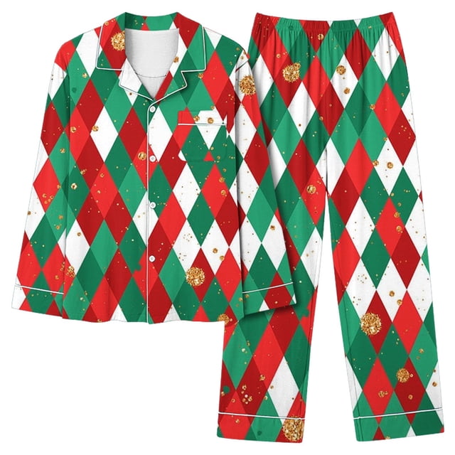 TIMIFIS Ensembles de Pyjamas de Noël pour Femmes Coupe Classique Imprimé à Carreaux Rouge et Vert Chemise à Manches Longues Boutonnée Haut et Pantalon Ensembles de Pjs