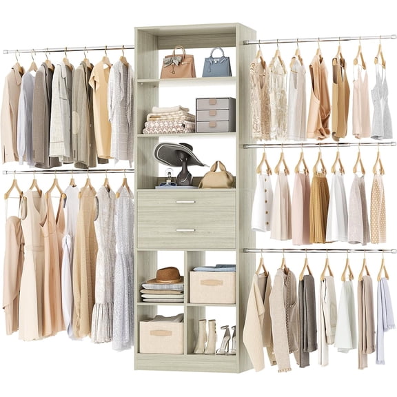 Closet System, 4-8 FT Closet Organizer Tower with 2 Wooden Drawers and Shelves, Can Fit 60 to 96 inch Walk-in Closet System with 5 Hang Rods, Built-in, Greige Oak