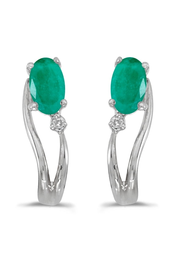 14k White Gold Oval Emerald And Diamond Wave Earrings