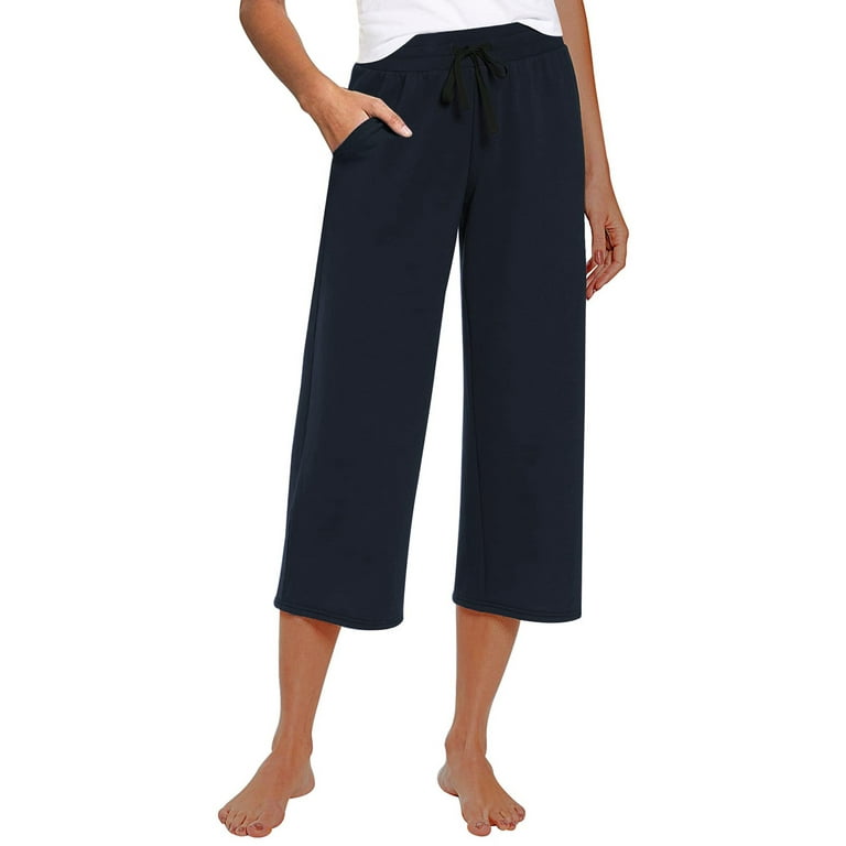 HDE Pull On Capri Pants For Women with Pockets Elastic Waist Cropped Pants  Navy Blue - L