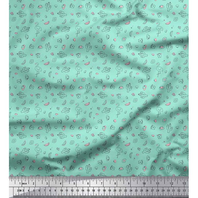 Soimoi Poly Crepe Fabric Cactus,Alarm Clock & Flamingo Shirting Print Fabric by The Yard 42 Inch Wide