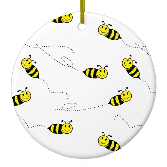 DistinctInk Hanging Ceramic Christmass Tree Ornament with Gold String - Great Gift / Present - 2 3/4 inch diameter - Repeating Bumble bees