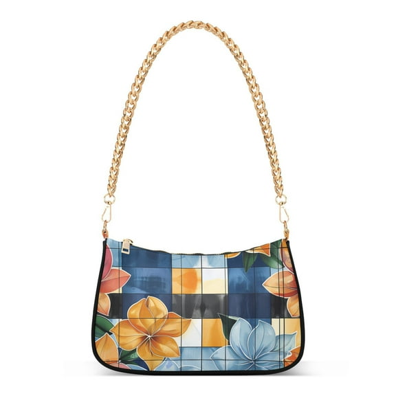Ryvnso Flower on Checkered Grid Pattern Womens Chain Shoulder Bag Tote Handbags Clutch Hobo Purse with Zipper for Travel