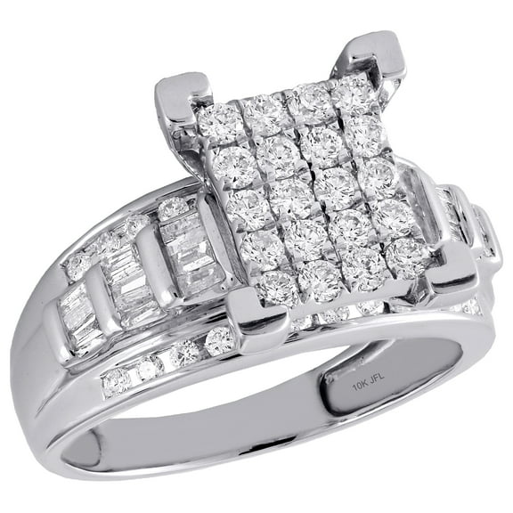 10K White Gold Round & Baguette Diamond Rectangle Cluster Engagement Ring 7/8 Ct