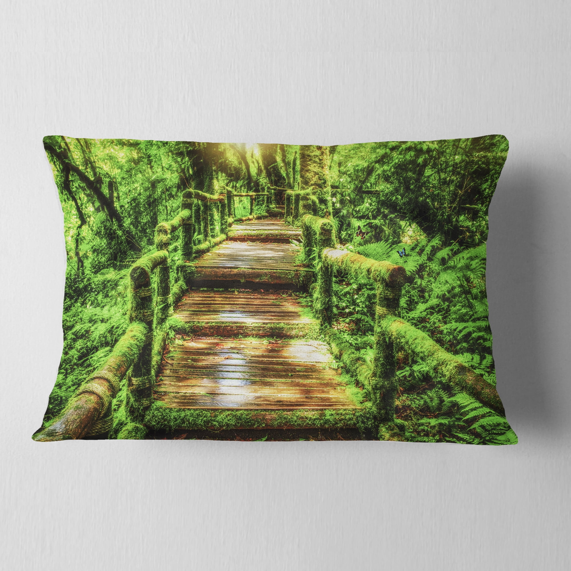 Designart Moss around Wooden Walkway in Rain - Photography Throw Pillow - 12x20