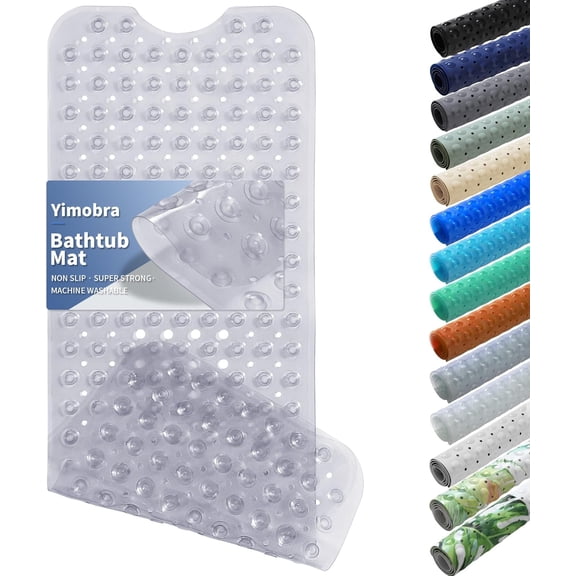 Non Slip Bathtub Mat 40"x16", Super Strong Suction Cups, Extra Long Shower Mat with Drain Holes, Machine Washable Fast Draining Bathroom Floor Mat, Clear Grey