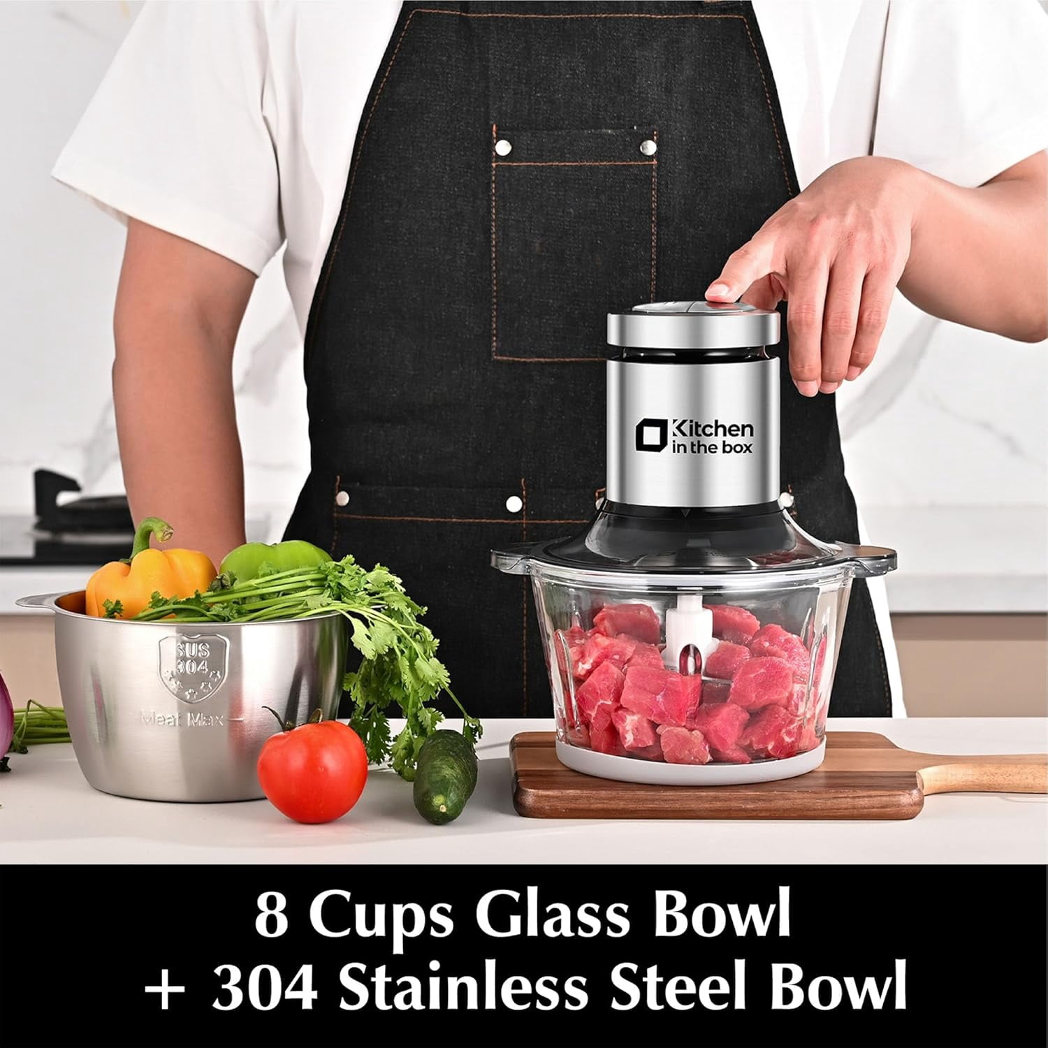 Kitchen in the box Food Processor, Electric Meat Grinder & Food Chopper with 400W Powerful Veggie Chopper-2 Bowls（8 Cup+8 Cup） & 2 Bi-Level Blades for Meat/Fish/Vegetable/Baby Food（Black Button）